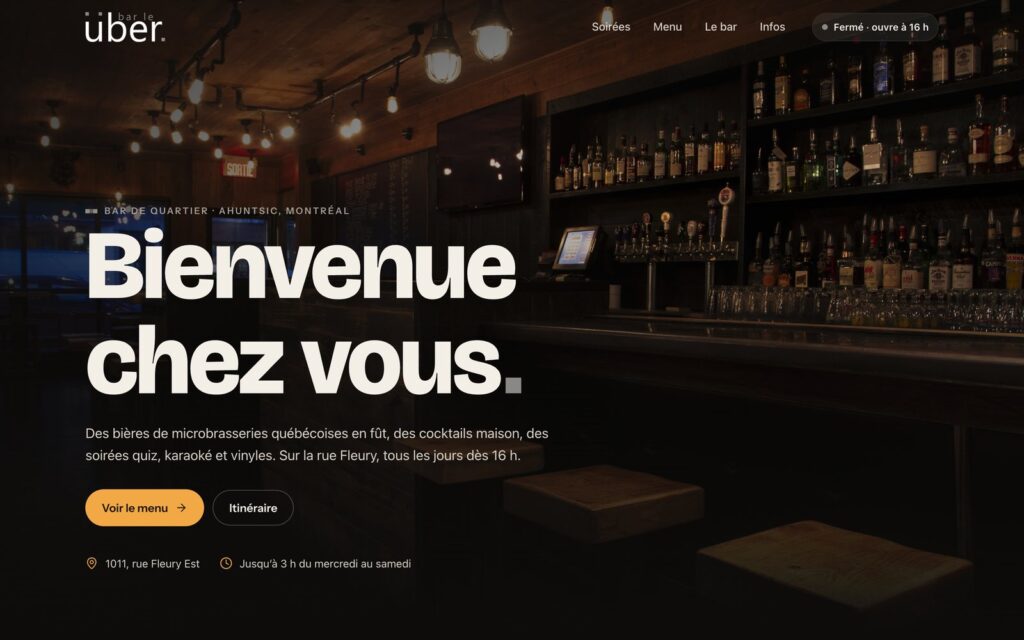 La nouvelle page d’accueil de barleuber.com : photo du comptoir, titre Bienvenue chez vous, boutons Voir le menu et Itinéraire