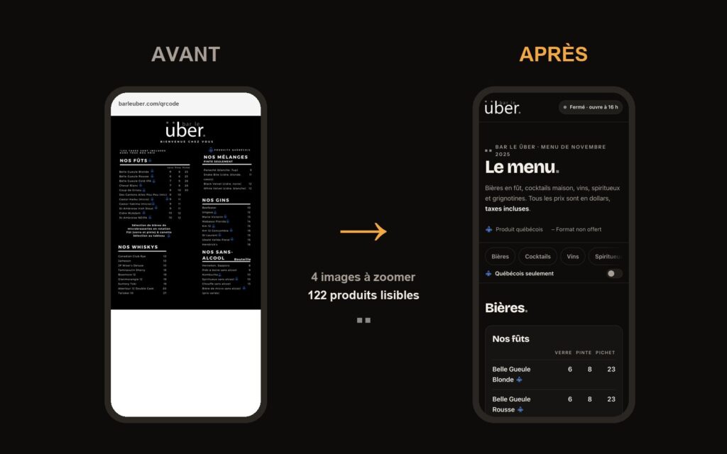 Avant : le menu du Bar le über en image PNG, illisible sur téléphone. Après : le nouveau menu en texte, avec onglets et filtre des produits québécois